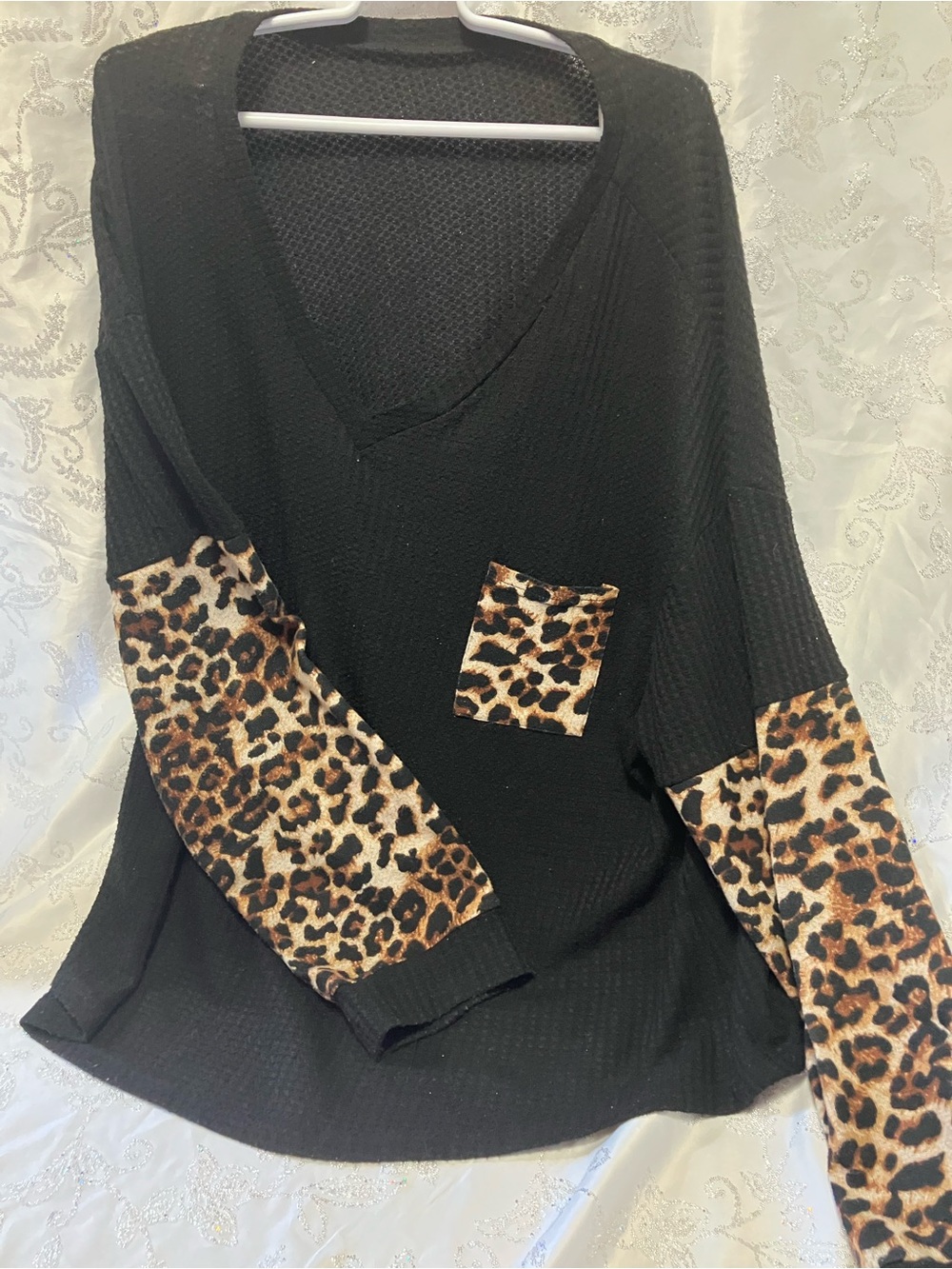 SHEIN Black V-Neck Top with Leopard Accent